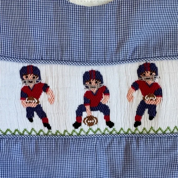 Embroidered Football Blue Gingham Smocked Romper - Picture 5 of 8